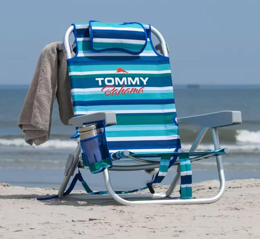 Tommy Bahama Backpack Beach Chair, 5 Positions, Aluminium Frame, Weight Capacity Upto 136kg - Green/Blue/White Strips image 2