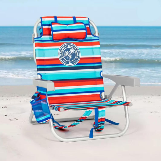 Tommy Bahama Backpack Beach Chair, Aluminium Frame, 5 Positions, Red/Blue/White Strips image 2