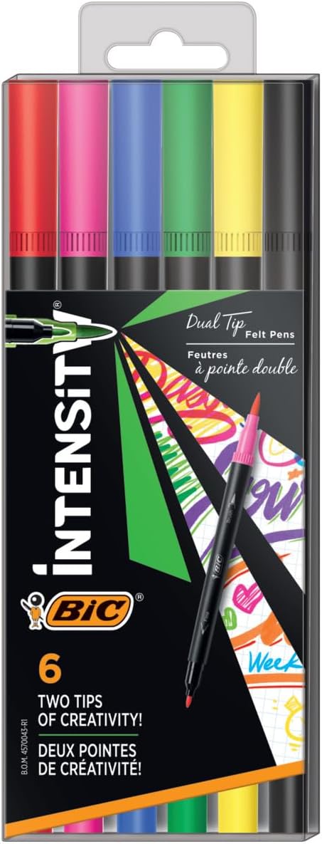 BIC Intensity Dual Tip Felt Tip Pens and Brush Art Markers for Colouring, Drawing and Calligraphy - Assorted Colours, Pack of 6