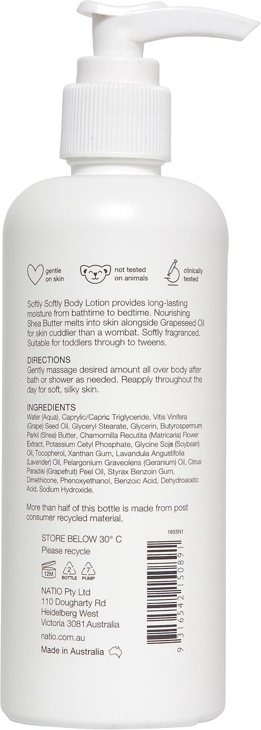 Natio Kids Softly Softly Body Lotion 250ml – Hydrating Moisturiser with Grape Seed, Shea Butter, Chamomile, Lavender, Geranium & Grapefruit – Dermatologically Tested – Made in Aust image 3