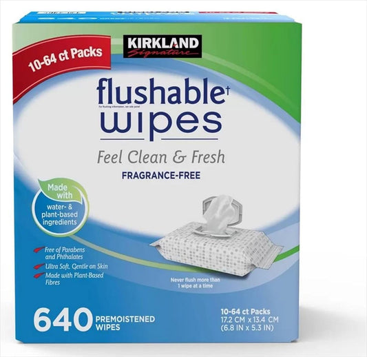 Kirkland Signature Flushable Wipes, 640 Count, Fresh & Clean, Pack of 10