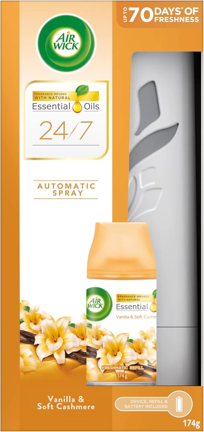 Air Wick Essential Oil Vanilla & Soft Cashmere Automatic Spray Starter Kit, 174g