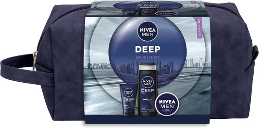 NIVEA MEN Deep Skincare Gift Set (3 Piece) | Shower Gel, Face Wash & Multipurpose Cream | Bonus Wash Bag Included