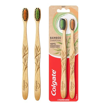 Colgate Bamboo Charcoal Manual Toothbrush, Value 2 Pack, Soft Bristles, 100 Percentage Biodegradable Bamboo Handle, Bpa Free