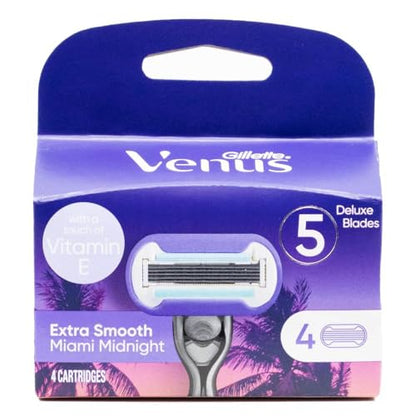 Gillette 4 Pack Cartridges Venus 5 Blades Extra Smooth Miami Midnight