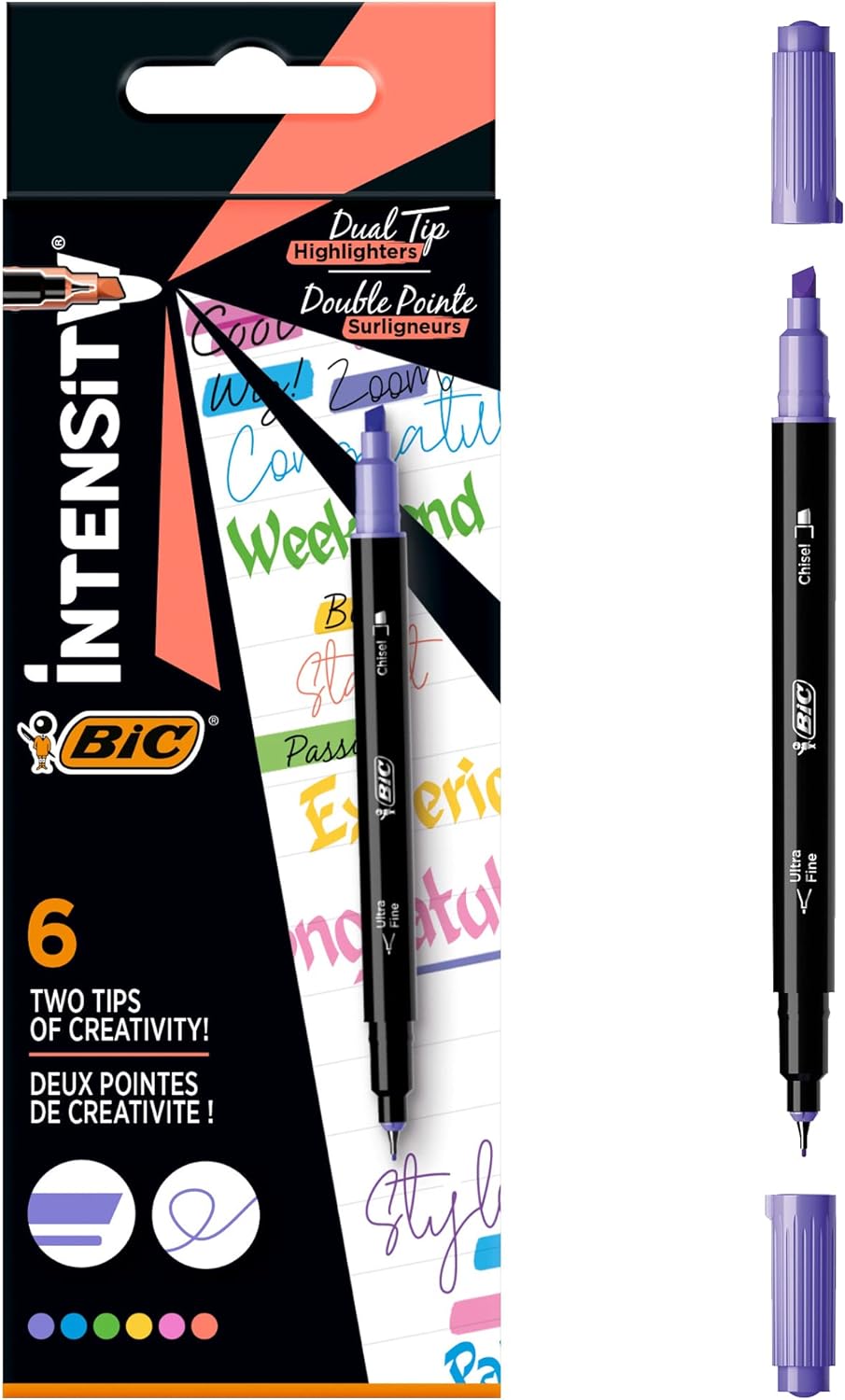 BIC Intensity Dual Tip Highlighter Pens - Assorted Colours, Box of 6