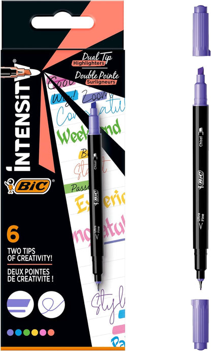 BIC Intensity Dual Tip Highlighter Pens - Assorted Colours, Box of 6