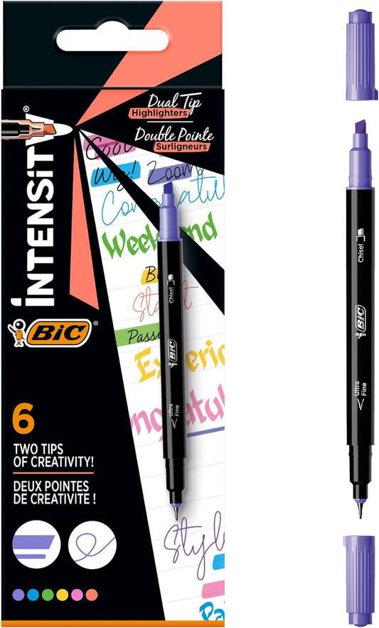 BIC Intensity Dual Tip Highlighter Pens - Assorted Colours, Box of 6