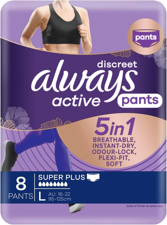 Always Discreet Active Wear Pants For Bladder Leaks and Adult Incontinence, Large 8 Pants
