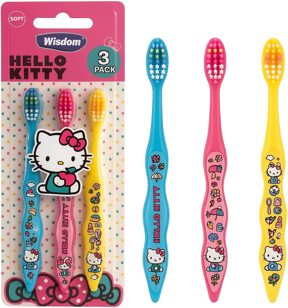 Wisdom Hello Kitty Kids Toothbrush – Soft Bristles, Official Licensed Design, 3 Pack