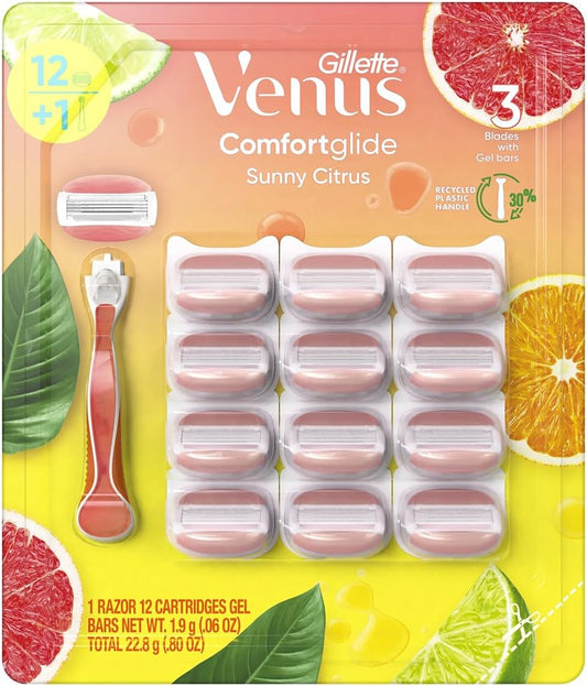 Gillette Venus Comfort Glide Sunny Citrus, 1 Razor + 12 Cartridges, White, Modern, Plastic, Women's Shaving Razor