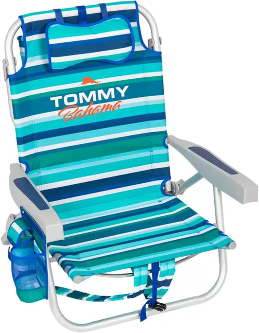 Tommy Bahama Backpack Beach Chair, 5 Positions, Aluminium Frame, Weight Capacity Upto 136kg - Green/Blue/White Strips