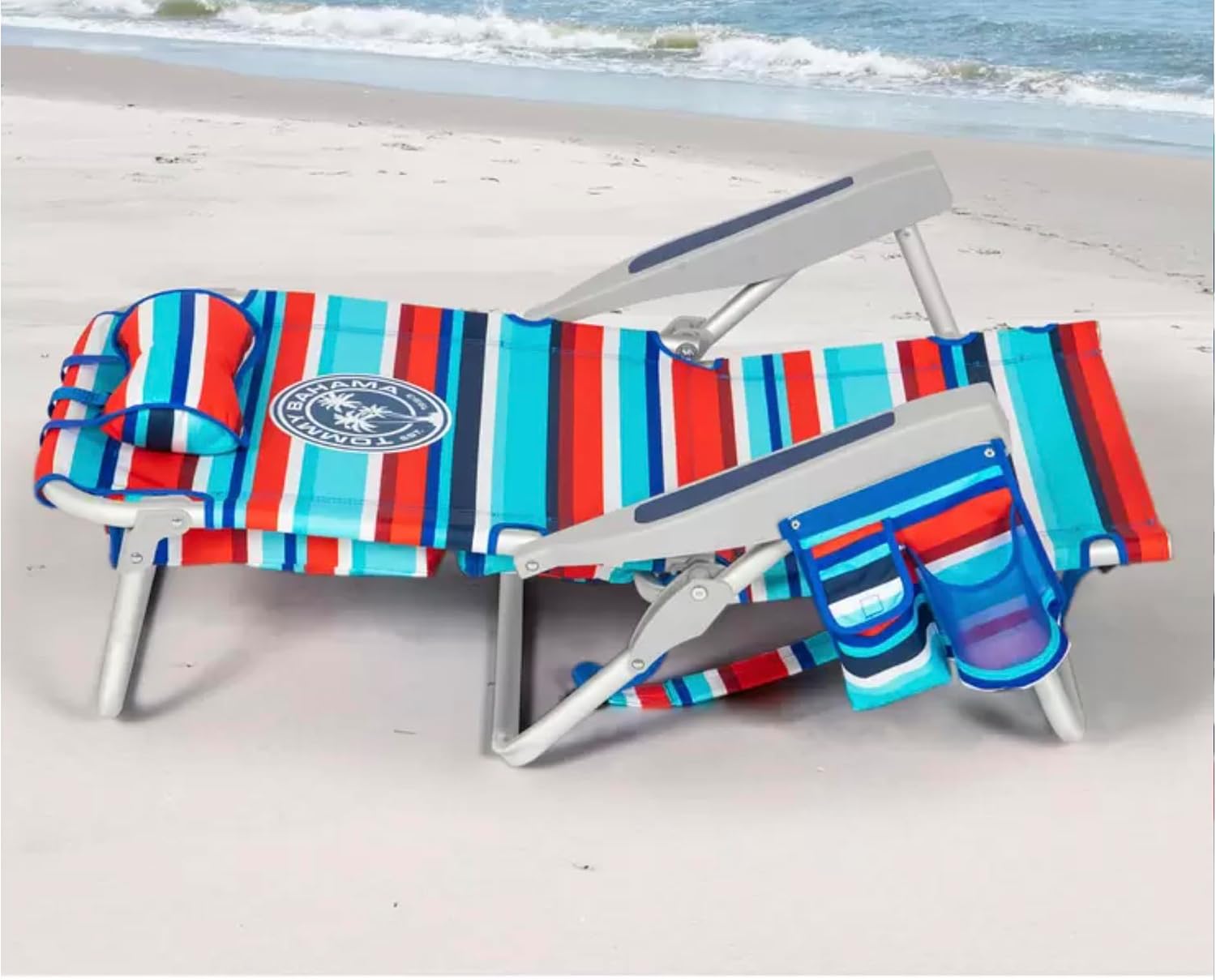 Tommy Bahama Backpack Beach Chair, Aluminium Frame, 5 Positions, Red/Blue/White Strips image 4