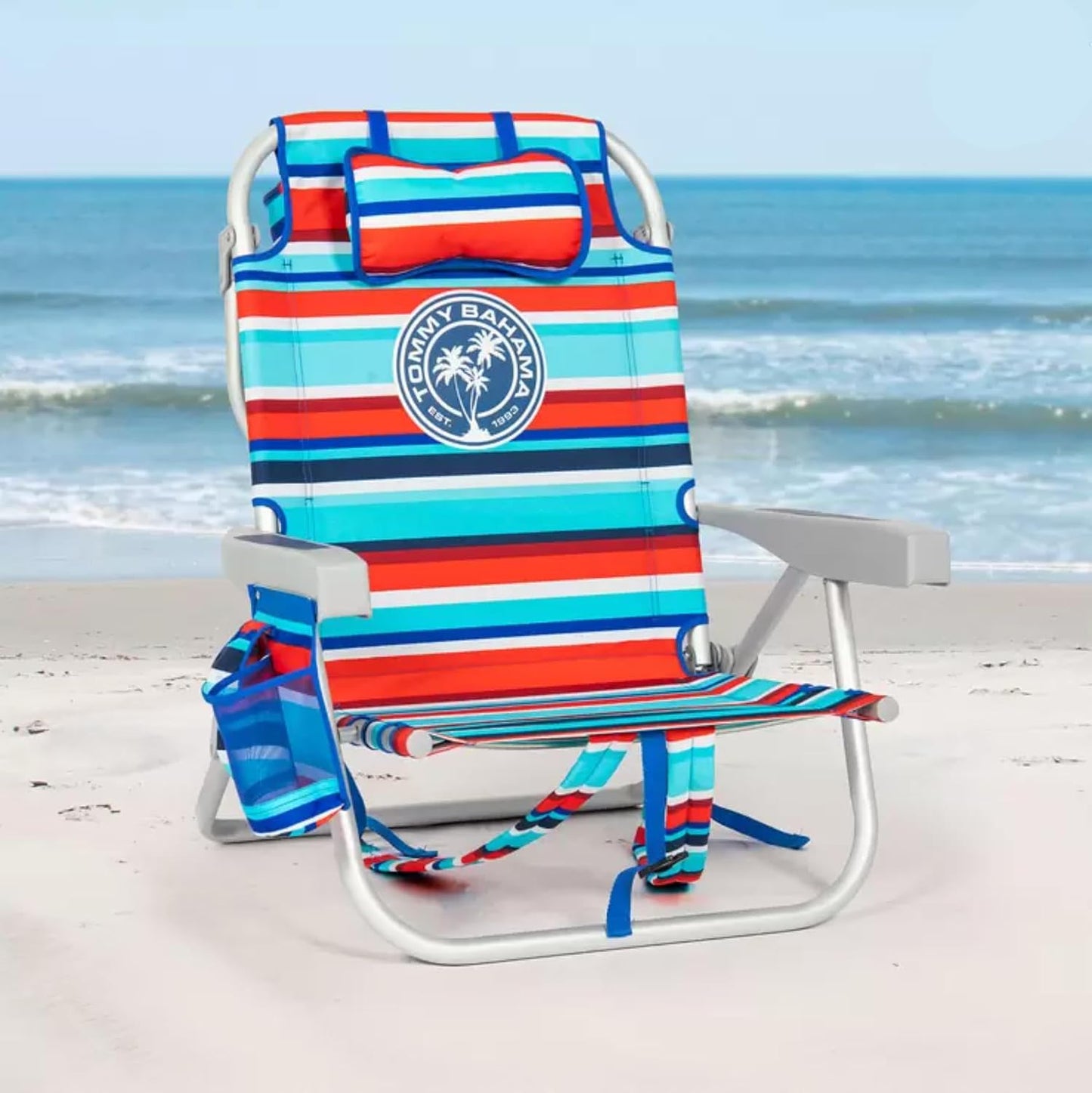 Tommy Bahama Backpack Beach Chair, Aluminium Frame, 5 Positions, Red/Blue/White Strips image 2