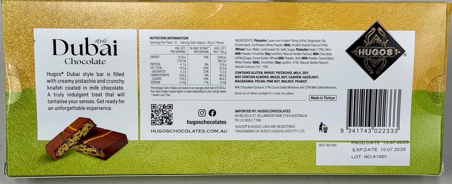 Hugos Dubai Style Chocolate Bar with Pistachio Cream and Knafeh Filling, 470g image 2