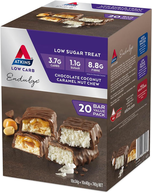 Atkins Low Carb Endulge Chocolate Coconut & Caramel Nut Chew Value Pack – 20 Bars