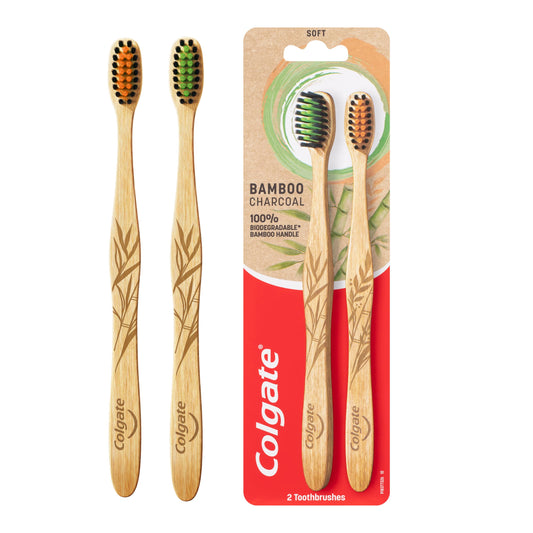 Colgate Bamboo Charcoal Manual Toothbrush, Value 2 Pack, Soft Bristles, 100 Percentage Biodegradable Bamboo Handle, Bpa Free image 2