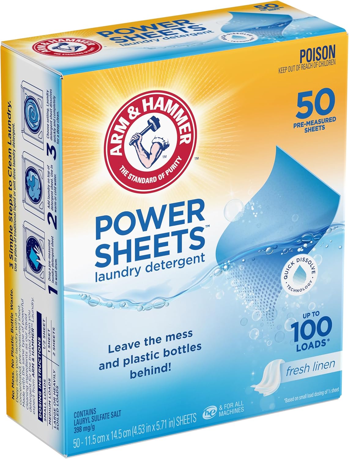Arm & Hammer Power Sheets Laundry Detergent, Fresh Linen - 50 Pre-Measured Sheets