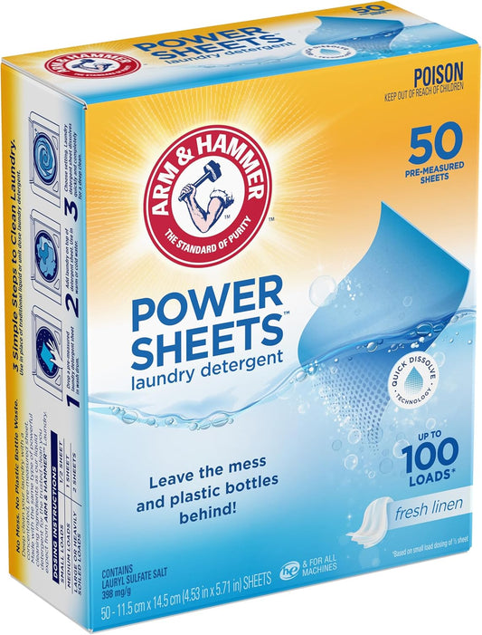 Arm & Hammer Power Sheets Laundry Detergent, Fresh Linen - 50 Pre-Measured Sheets