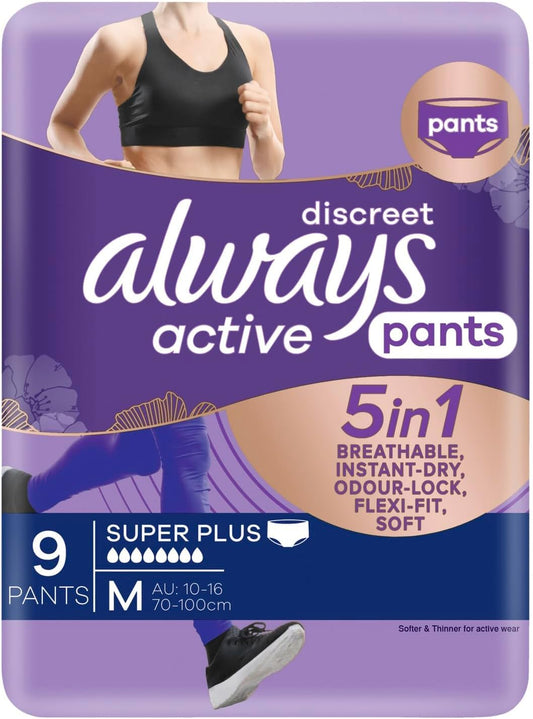 Always Discreet Active Wear Pants for Bladder Leaks, Medium, 9 Pack