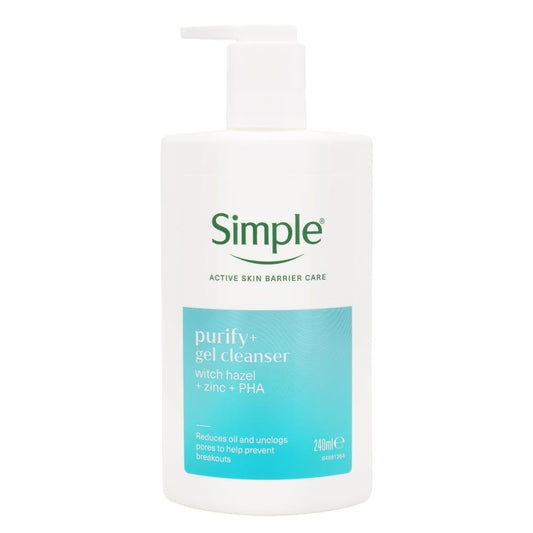 Simple Purify+ Gel Facial Cleanser witch hazel + zinc + PHA reduces oil and unclogs pores to help prevent breakouts 240 ml