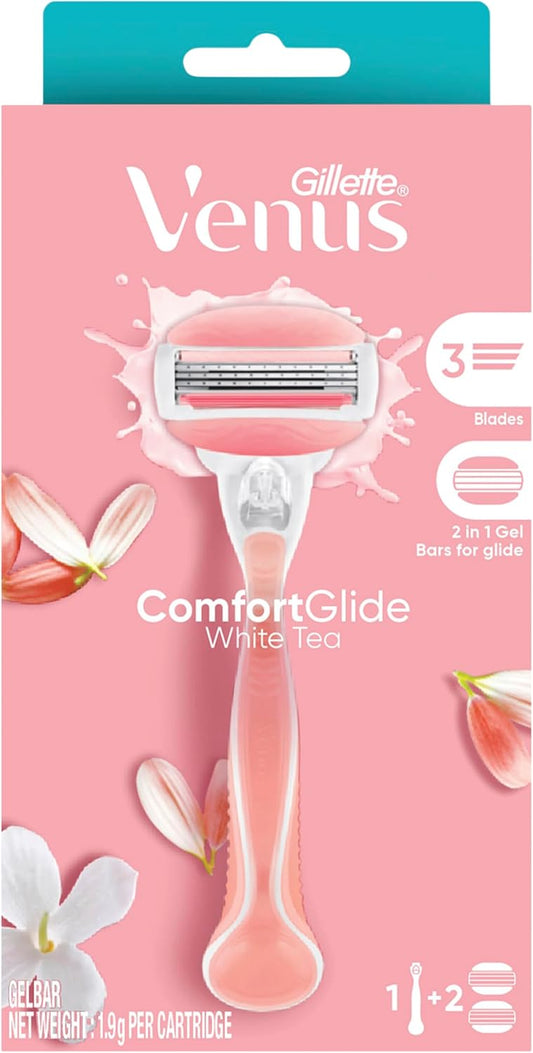 Gillette Venus ComfortGlide White Tea Women's Razor with Flexible Soap Bars, 1 Handle and 2 Blade Refills