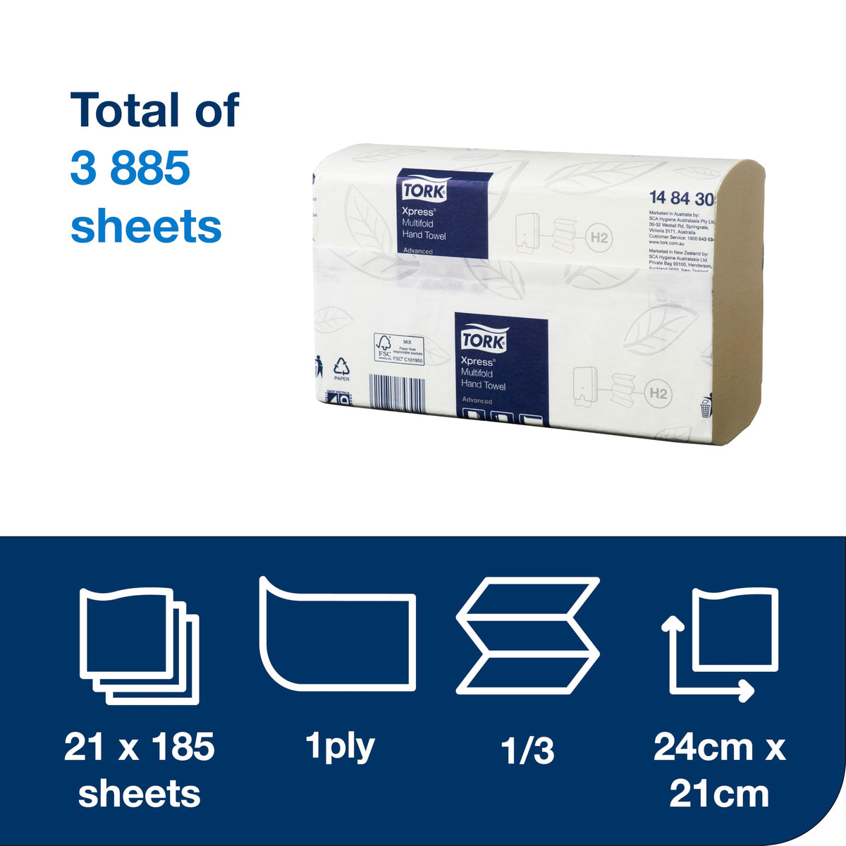 Tork Xpress Multifold Paper Hand Towel White H2, Advanced, 21 Packs x 185 Sheets, 148430 image 2