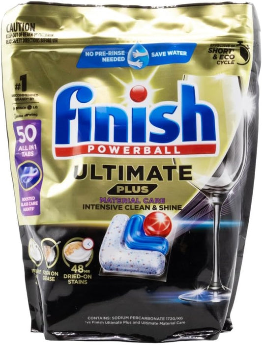 FINISH PK50 DISHWASHER TABS POWERBALL ALL IN 1 ULTIMATE PLUS BOOSTED GLASS CARE MATERIAL CARE