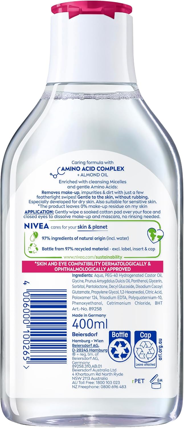 NIVEA Micellar Water Caring 400ml | Gentle Face Cleanser & Makeup Remover for Dry & Sensitive Skin image 2