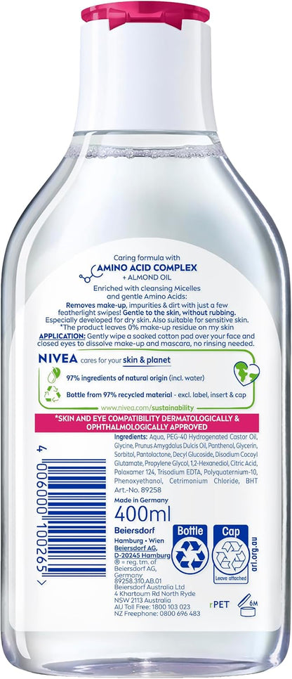 NIVEA Micellar Water Caring 400ml | Gentle Face Cleanser & Makeup Remover for Dry & Sensitive Skin image 2