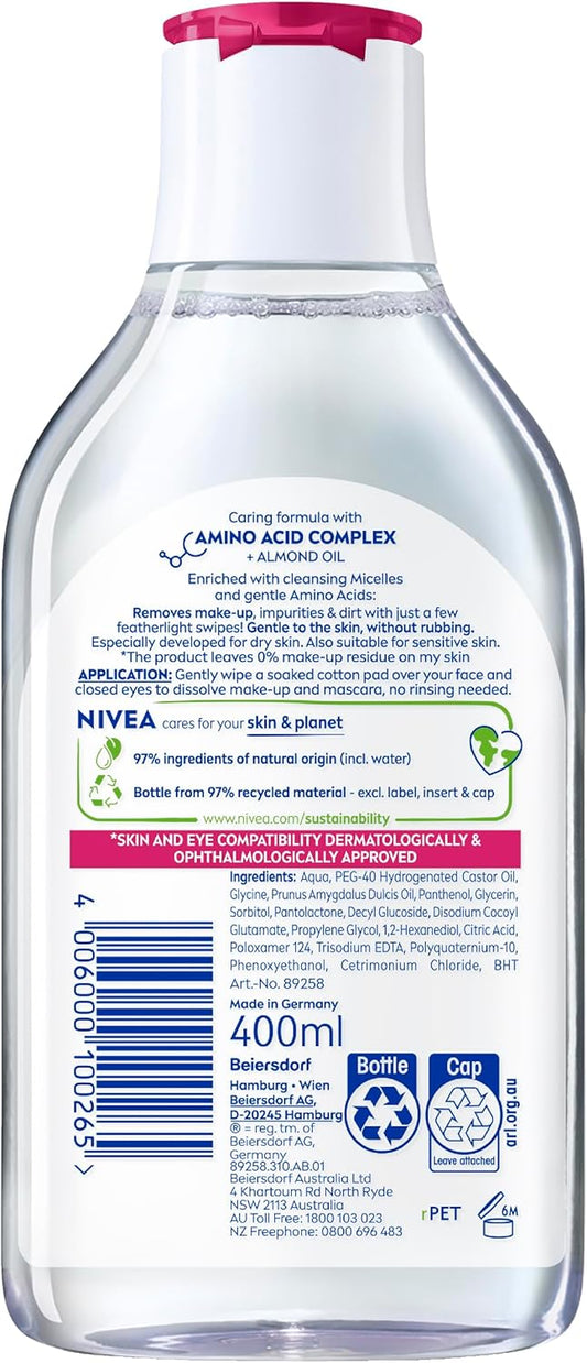 NIVEA Micellar Water Caring 400ml | Gentle Face Cleanser & Makeup Remover for Dry & Sensitive Skin image 2