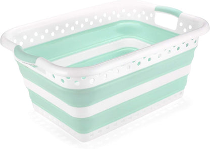 Addis 45L Foldable Rectangular Laundry Basket – White & Aqua Haze