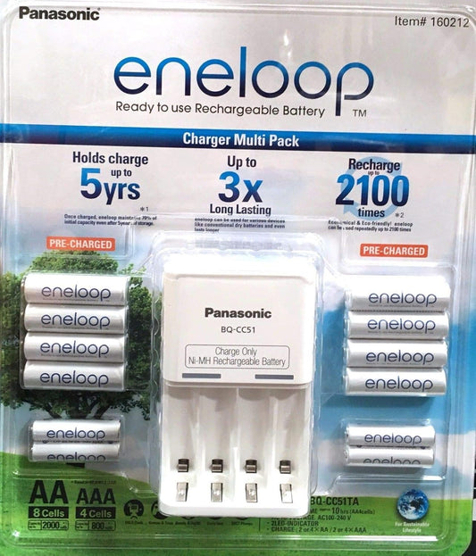 Panasonic Eneloop Rechargeable Battery Pack with Charger – 8 AA & 4 AAA Batteries