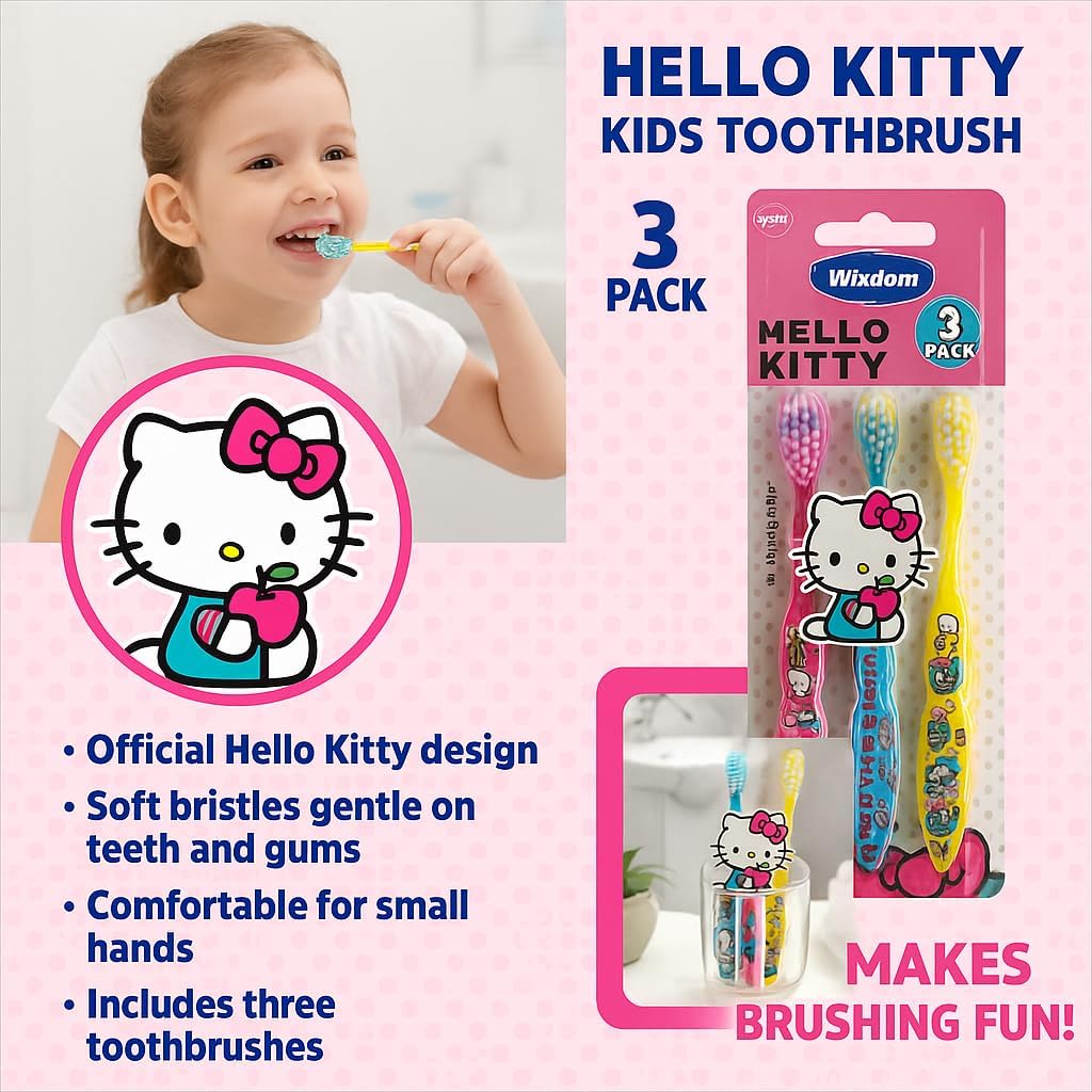 Wisdom Hello Kitty Kids Toothbrush – Soft Bristles, Official Licensed Design, 3 Pack image 2