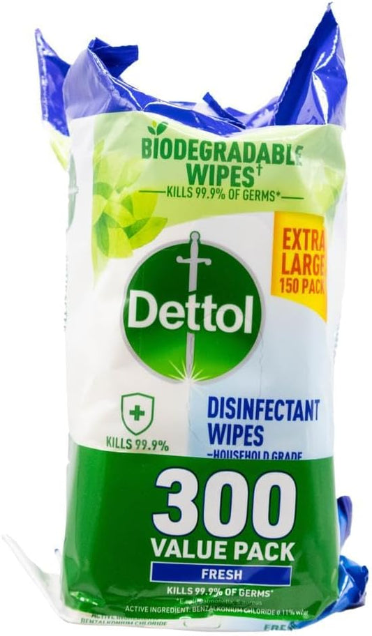 Dettol Disinfectant Wipes Fresh 300 Pack (2 x 150 Wipes)