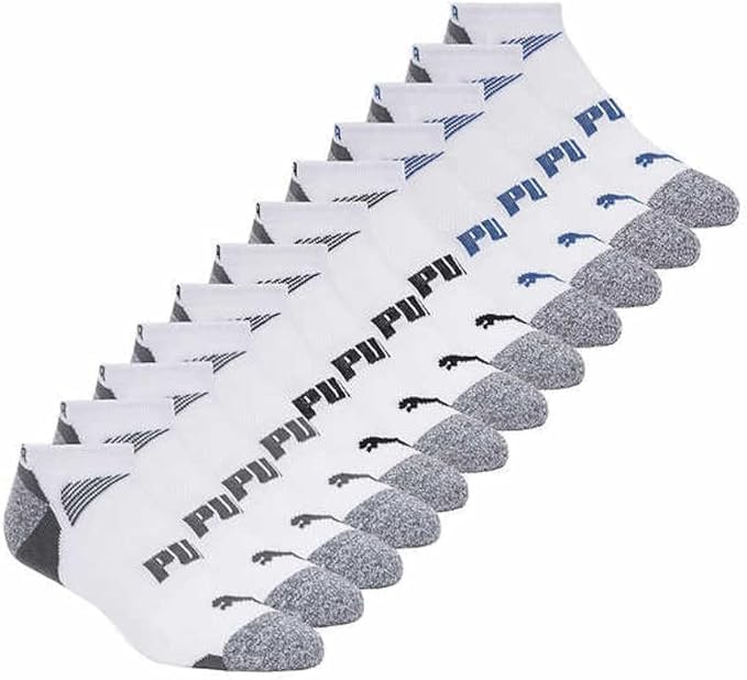 Puma Men's No Show Socks, Grey and White, Polyester Cotton Blend, Size 13-15, 12 Pairs