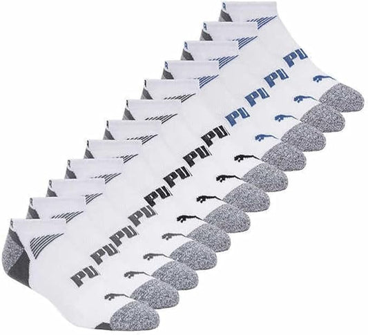 Puma Men's No Show Socks, Grey and White, Polyester Cotton Blend, Size 13-15, 12 Pairs