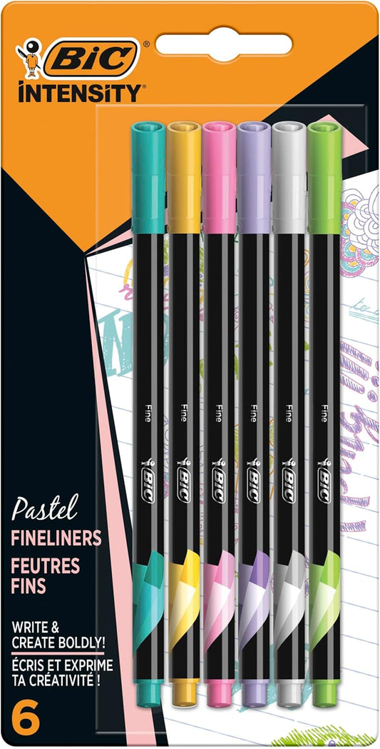 BIC Intensity Fine Felt Tip Pens - Assorted Pastel Colours, Pack of 6