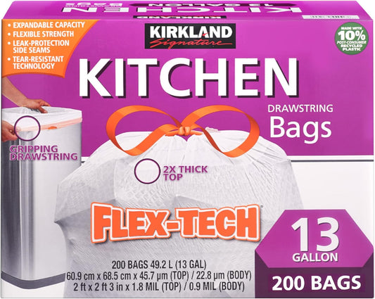 Kirkland Signature 13-Gallon White Kitchen Trash Bags, 200 Count