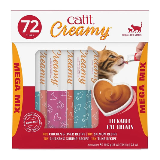 Catit Creamy Lickable Cat Treats Mega Mix – 72 Tubes, 15g Each, Chicken, Salmon, Tuna Flavours