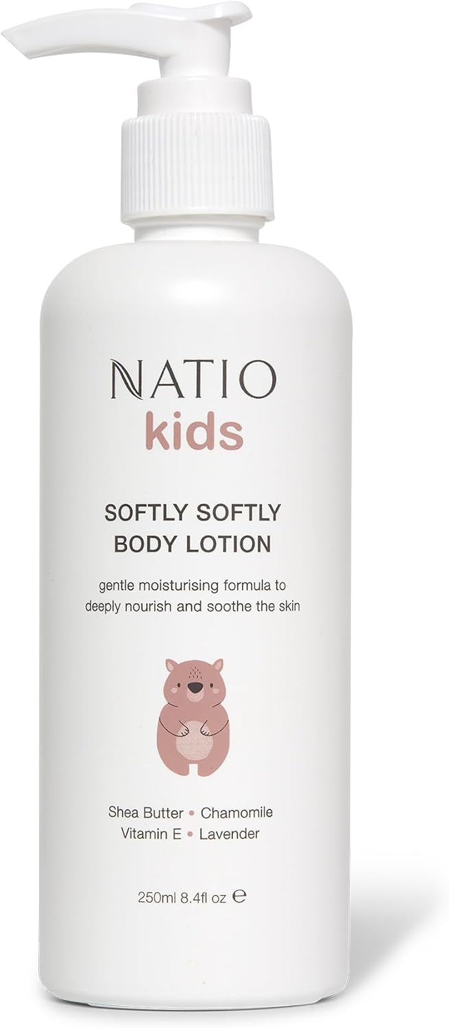 Natio Kids Softly Softly Body Lotion 250ml – Hydrating Moisturiser with Grape Seed, Shea Butter, Chamomile, Lavender, Geranium & Grapefruit – Dermatologically Tested – Made in Aust