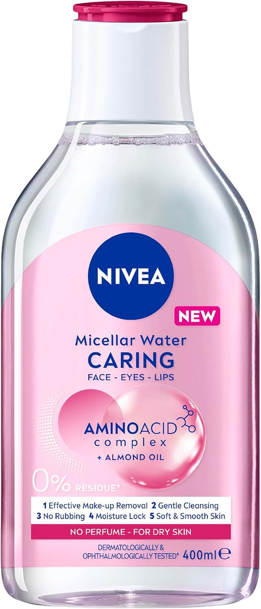 NIVEA Micellar Water Caring 400ml | Gentle Face Cleanser & Makeup Remover for Dry & Sensitive Skin