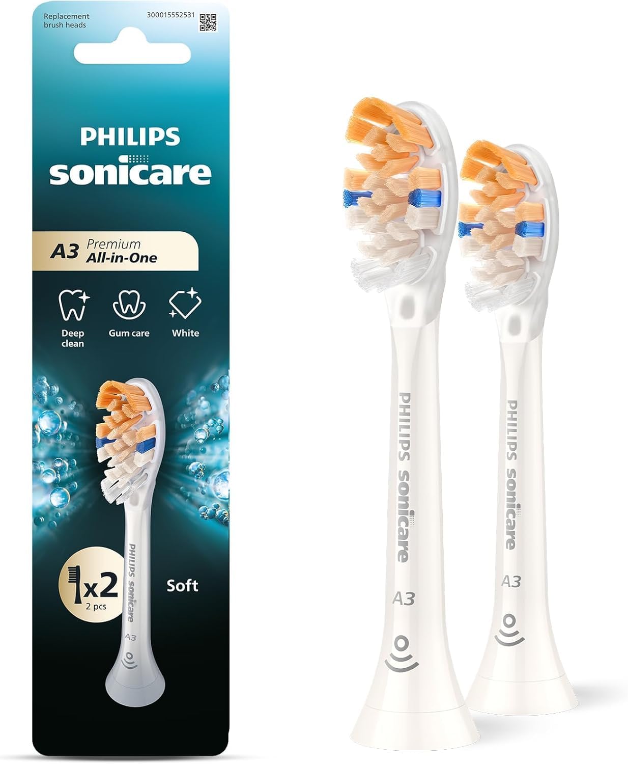 Philips Sonicare A3 All-in-One Replacement Electric Toothbrush Heads, 2 Pack, White